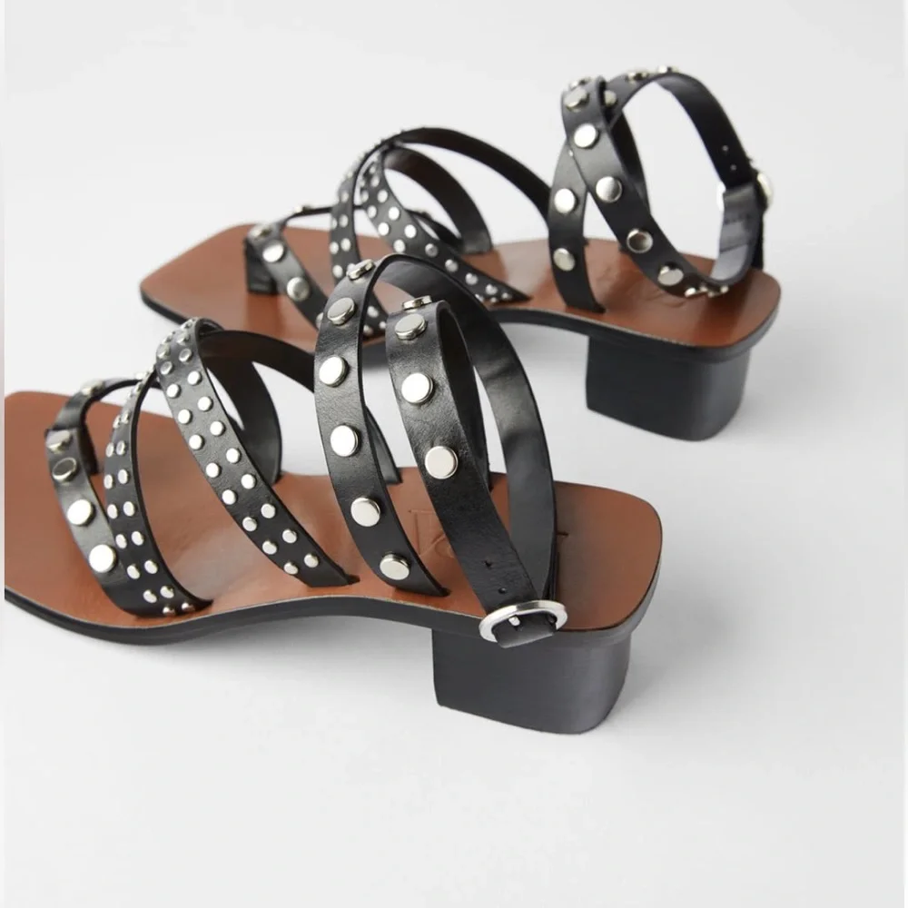 Zara leather studded ankle strap healed sandals - Picture 5 of 7